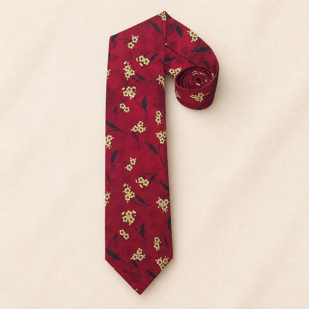 Vintage Grand Jour Jacquard Silk Necktie Floral Geometric Red Navy Hand Made OS